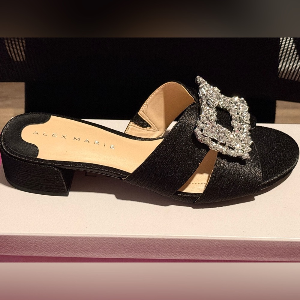 Alex Marie Black Satin Slide with Crystal Buckle